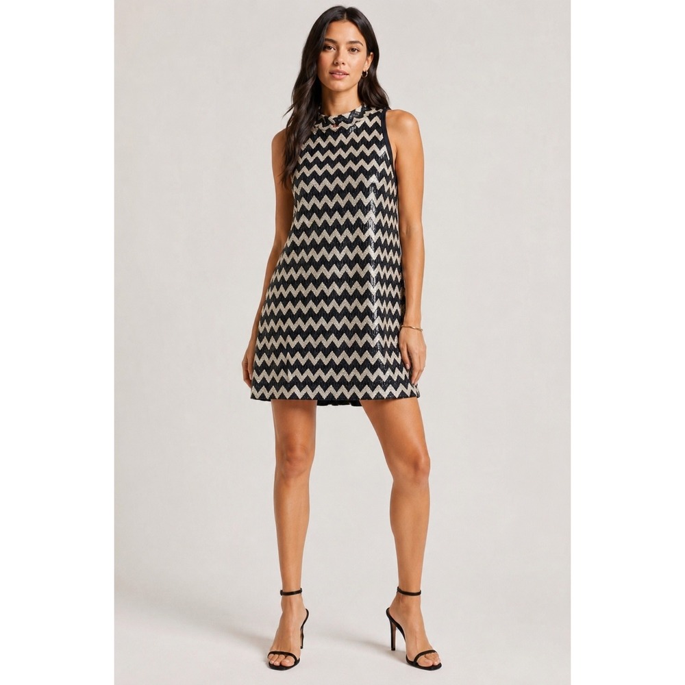 AQUA Women's Small Chevron Sequin Shift Dress Black Cream High Neck Mini‎ Dress